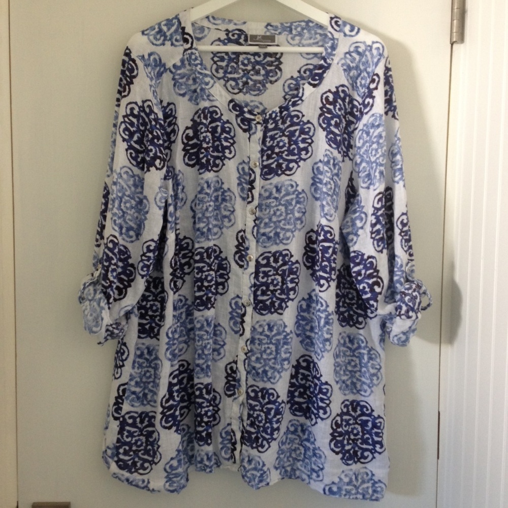 Blue & White 100% Linen Print JM Collection Sz 20W